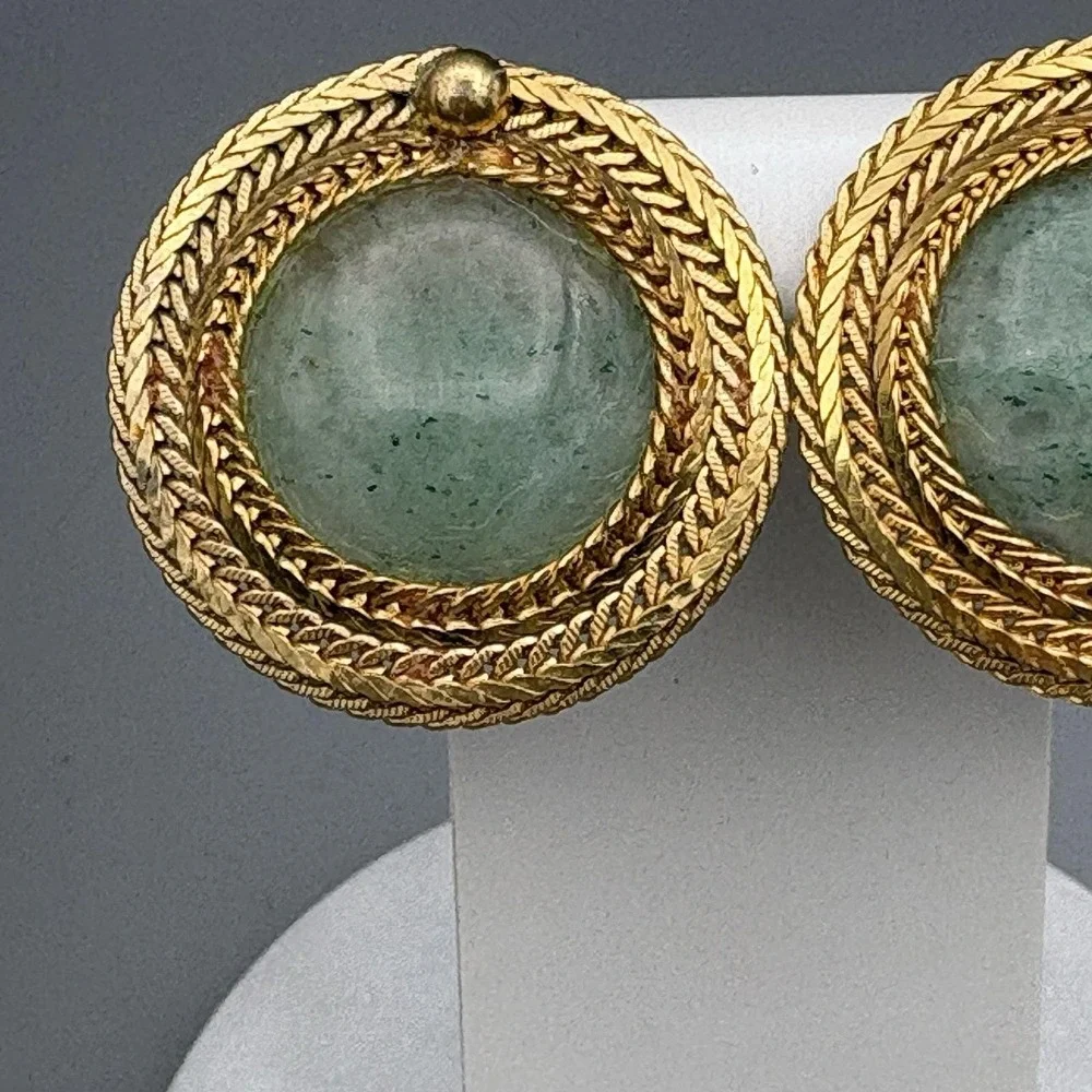 Vintage Jadeite Clip On Earrings Cabochon Braided Gold Tone Borders Statement